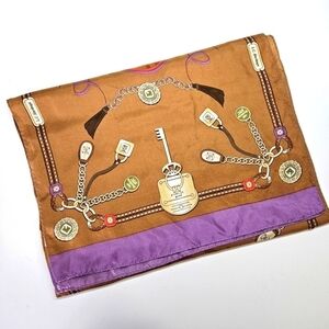 Liz Claiborne 100% Silk Rectangle Scarf Heritage Logo Print Tassels Charms Locks